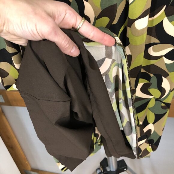 Tahari ASL Abstract Print Green Brown Cream Sleeveless Midi Dress Sz14 - Picture 7 of 16